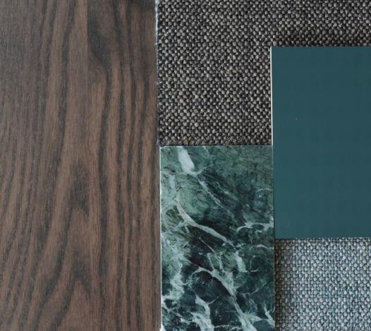 moodboard trend Parijs donkerhout , groene marmern luxe stof