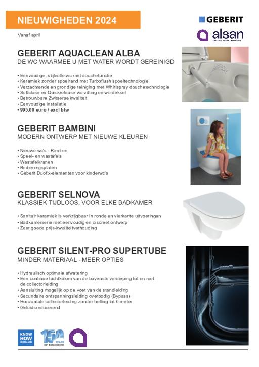 geberit nieuwigheden 2024 aquaclean alba, bambini geberit, geberit selnova, geberit Silent-Pro supertube, alsan