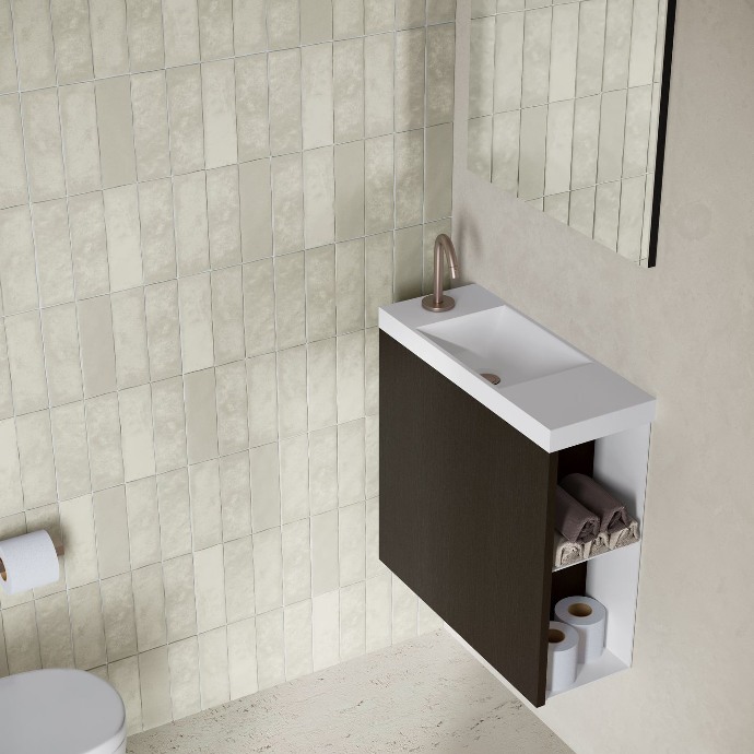 handwastafel meubel donker bruin hout in toilet