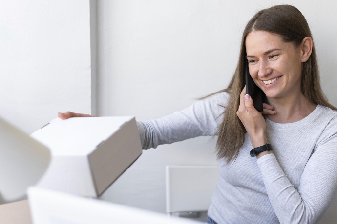 Vrouw die aan het bellen is terwijl ze naar haar pakketje kijkt