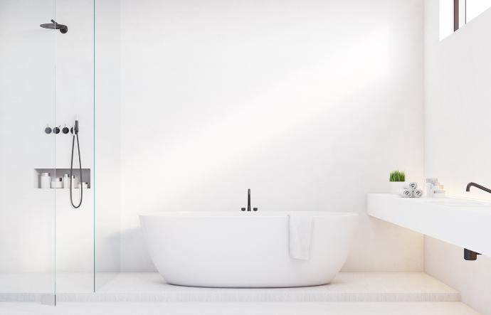 badkamer trend white satin vrijstaand ligbad, zuiver interieur