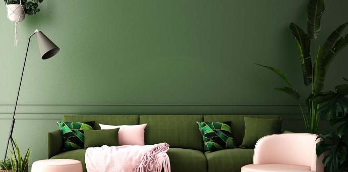 sfeer groen interieur,Trend Green Velvet interieur groen en accenten in rozen en planten