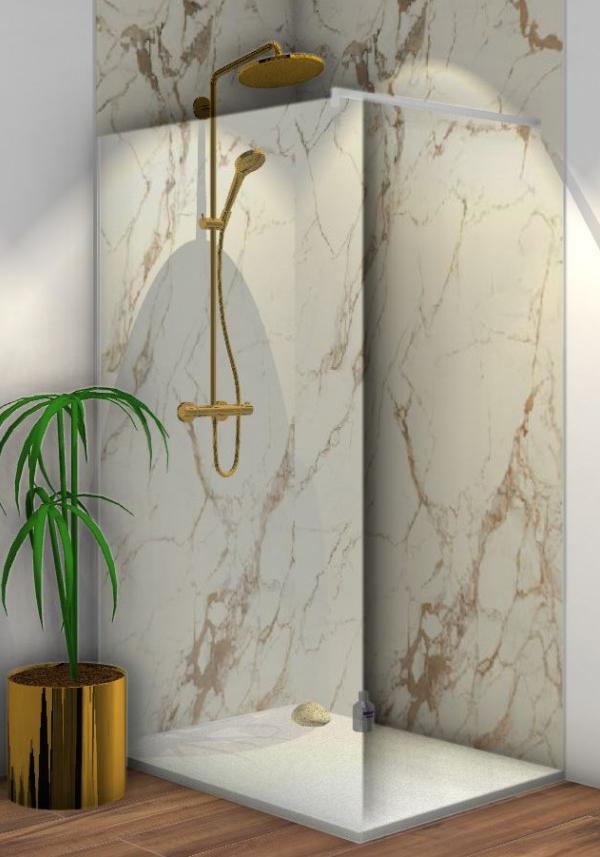 badkamer renovatie, trend green velvet, douche met gouden kranen