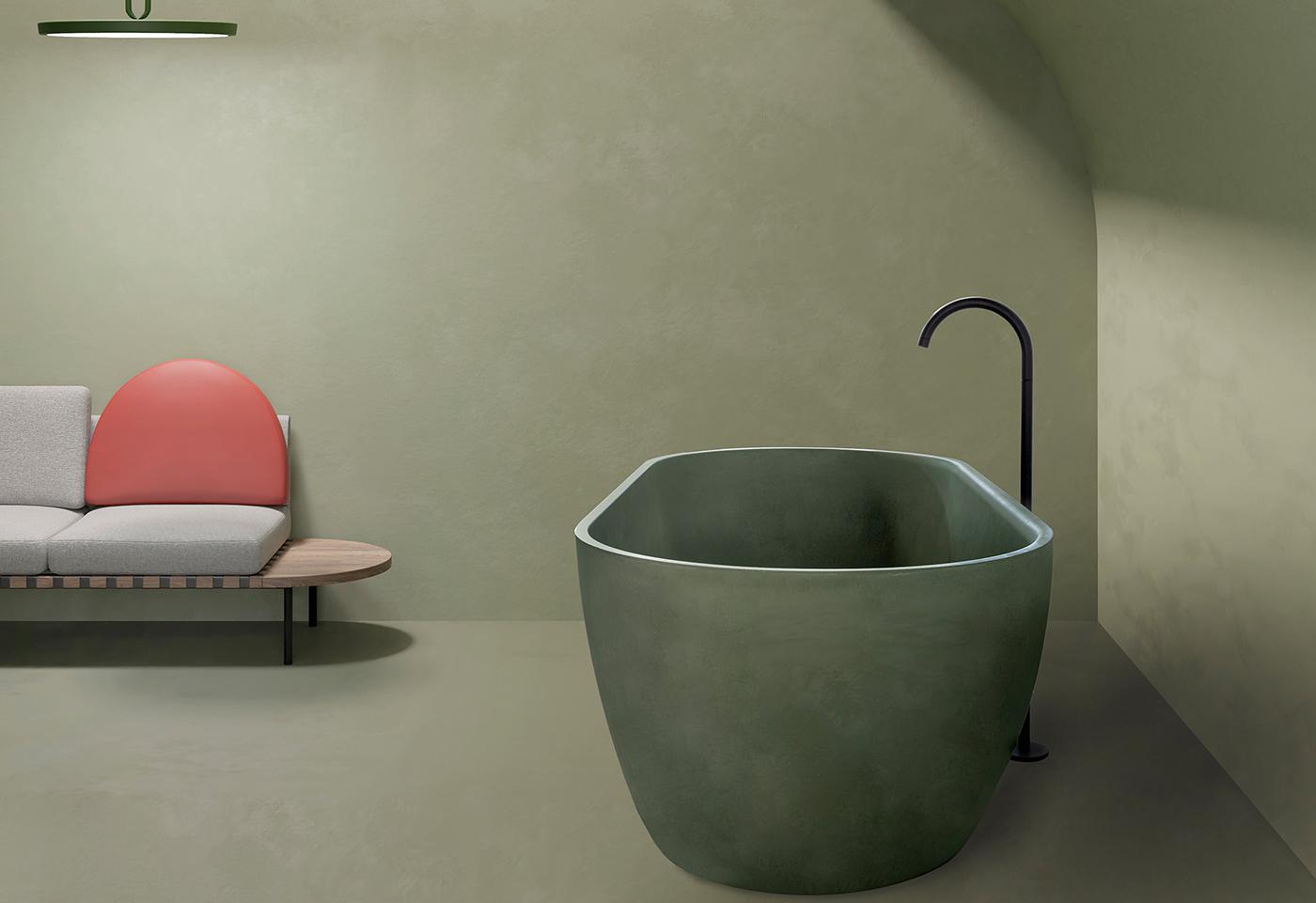 badkamer renovatie, trend green velvet, ligbad in beton groen
