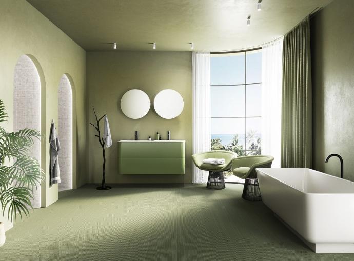 badkamer renovatie, trend green velvet, badkamermeubel afgerond groen