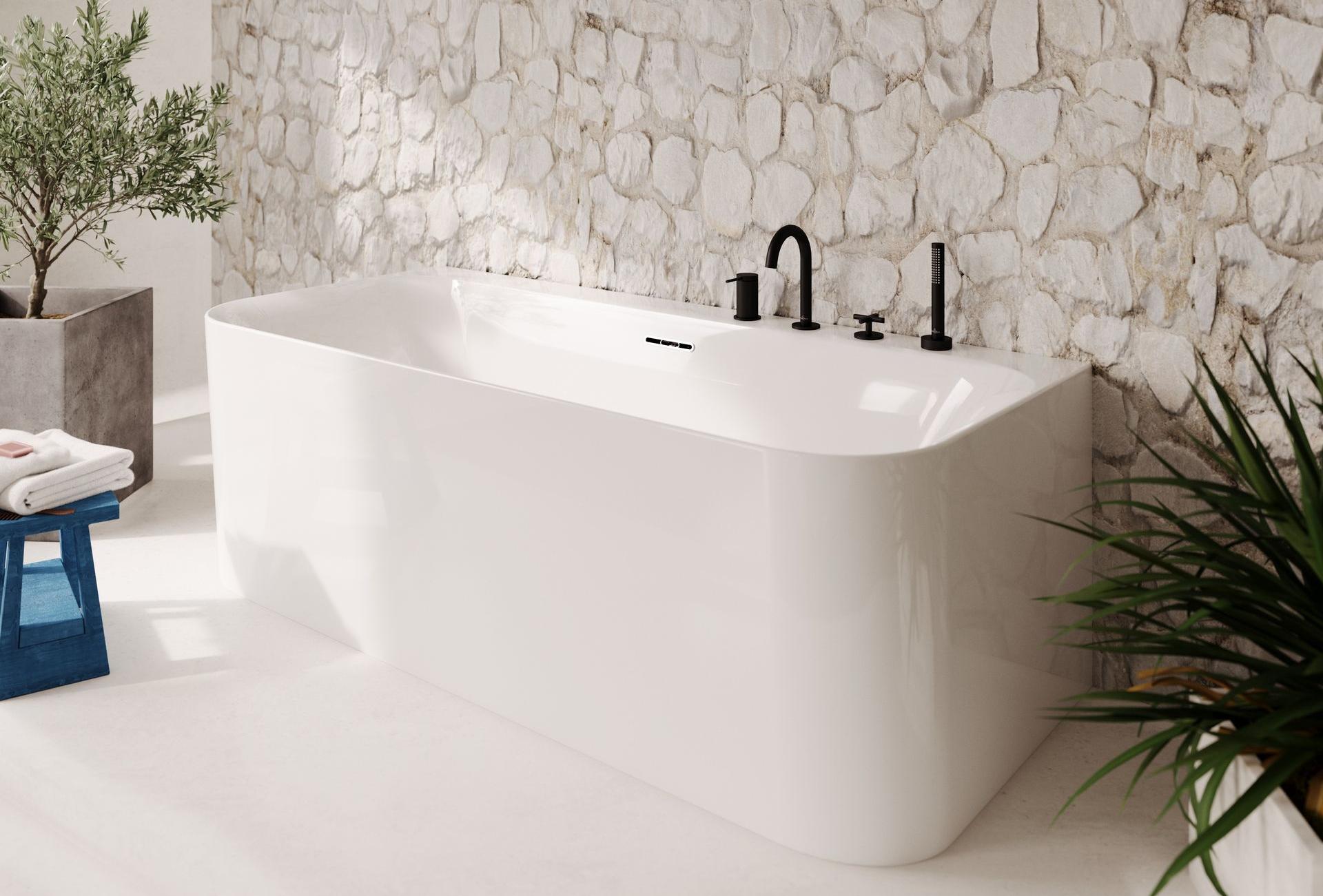 trend badkamer white satin back to wall ligbad met aangevormde mantel villeroy en boch